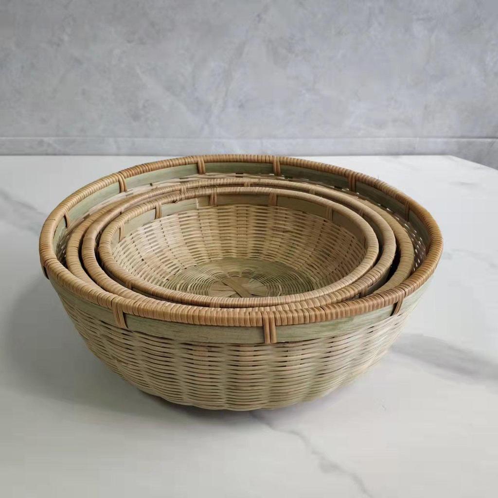 Large Bamboo Rattan High-Foot Steamed Bun & Snack Basket - Finely Woven, Multi-Purpose Household Kitchen Fruit & Vegetable Wash Basket, Round Design