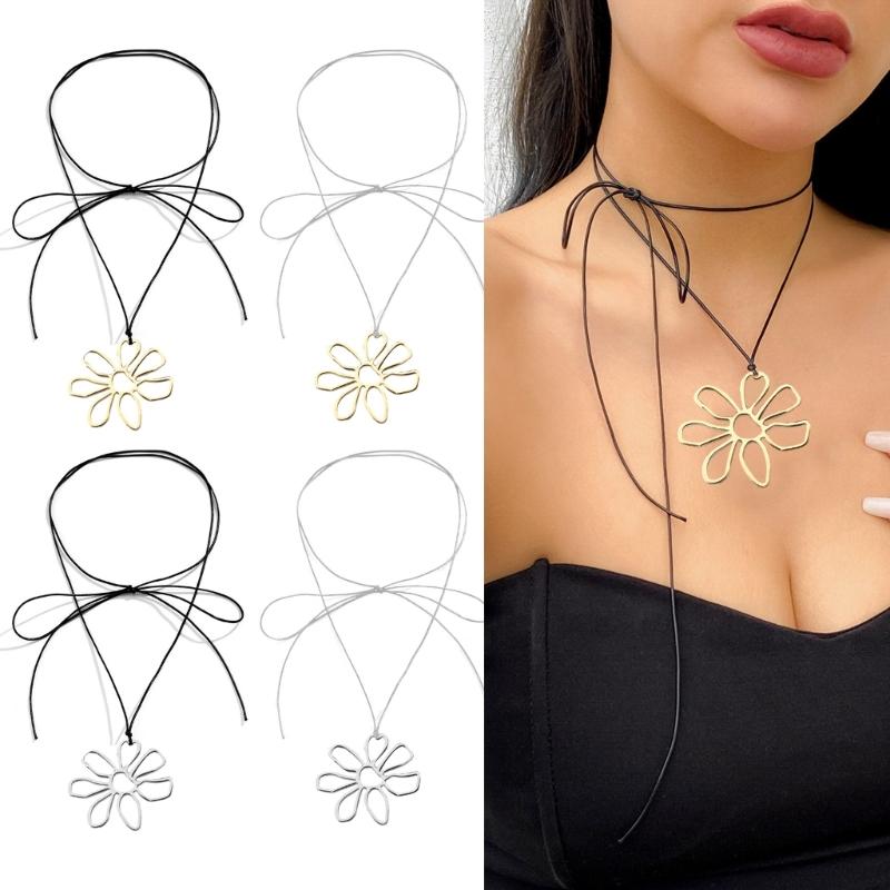 Elegant  Metal Hollow Flower Choker Neckband Collar Necklace Summer Choker Long Lace Up Necklace Fashion Y2K Jewelry