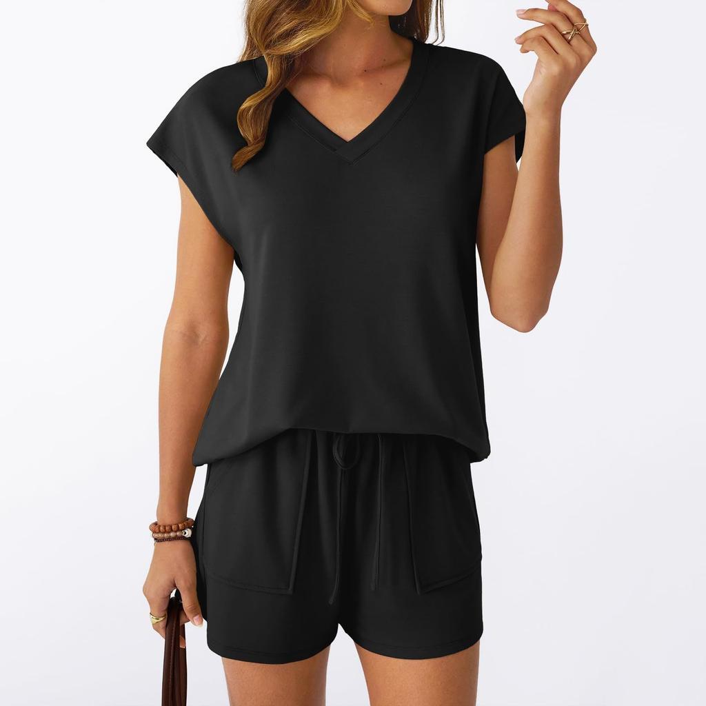 Women V Neck Short Sleeve Top and Shorts Set Casual Two Piece Outfits Soft Fabric Drawstring Waist Loungewear Suit