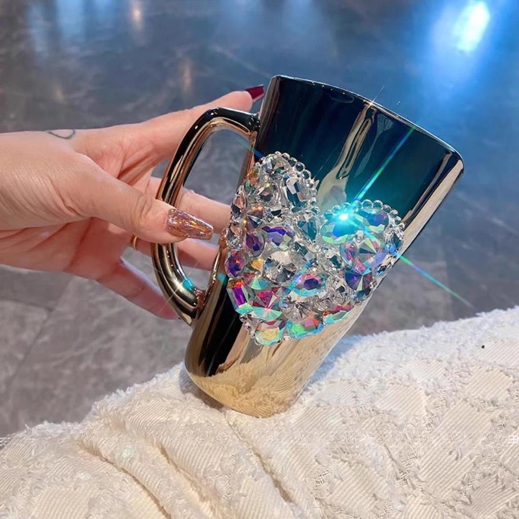 Sparkling Heart Diamond-encrusted Glass Coffee Mug Cup Light Luxury Tempered Glass Milk Tea Beverage Cup With Handle Water Mugs