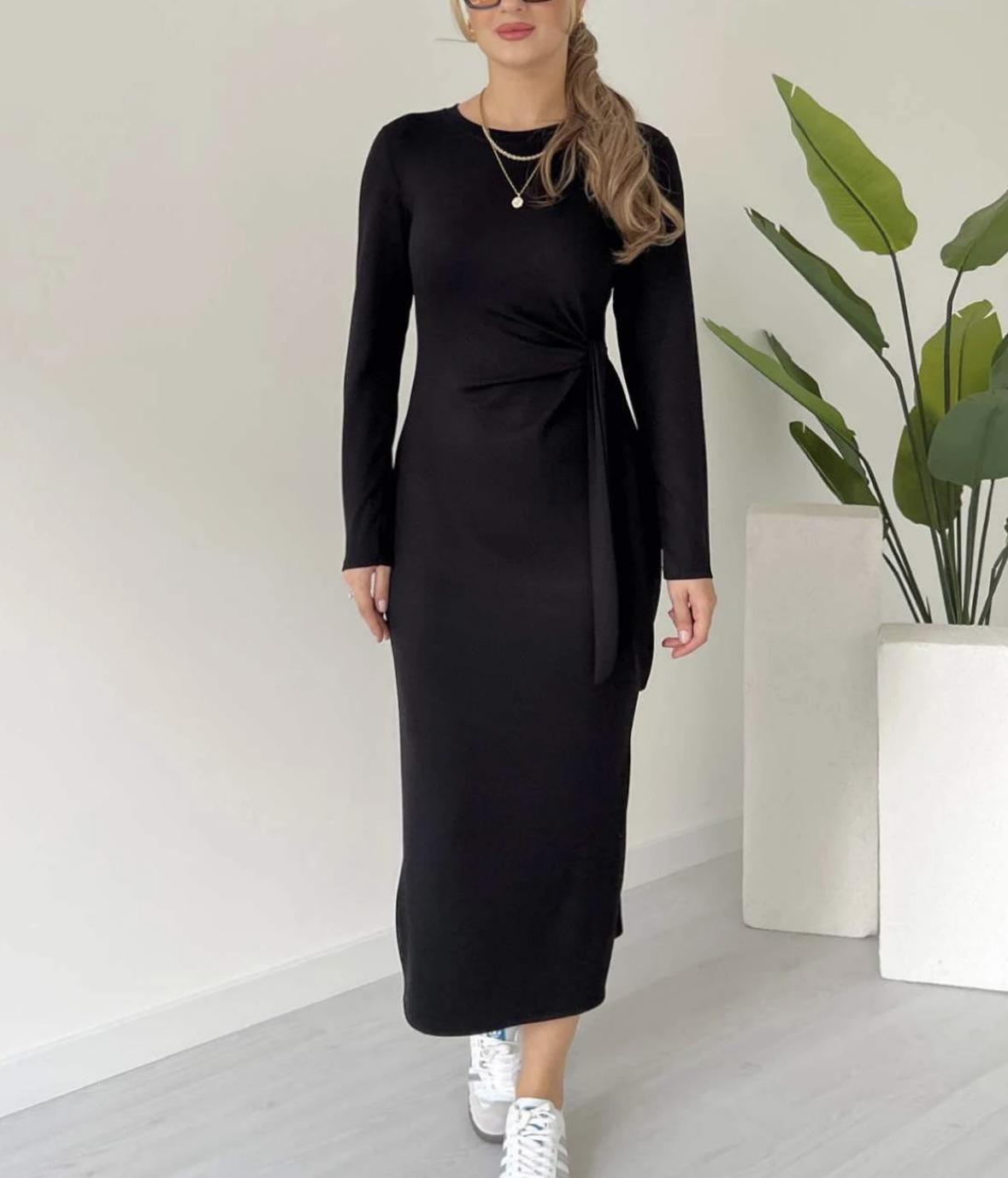 

Women s Solid Color Round Neck Slit Dress, Long-Sleeved - Fall 2025 European & American Style L чорний