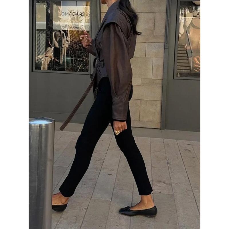 Vintage Pu Leather Lace-up Women's Jacket Fashion Solid with Pocket Belt Slim Outerwear Female Chic High Street Short Coat