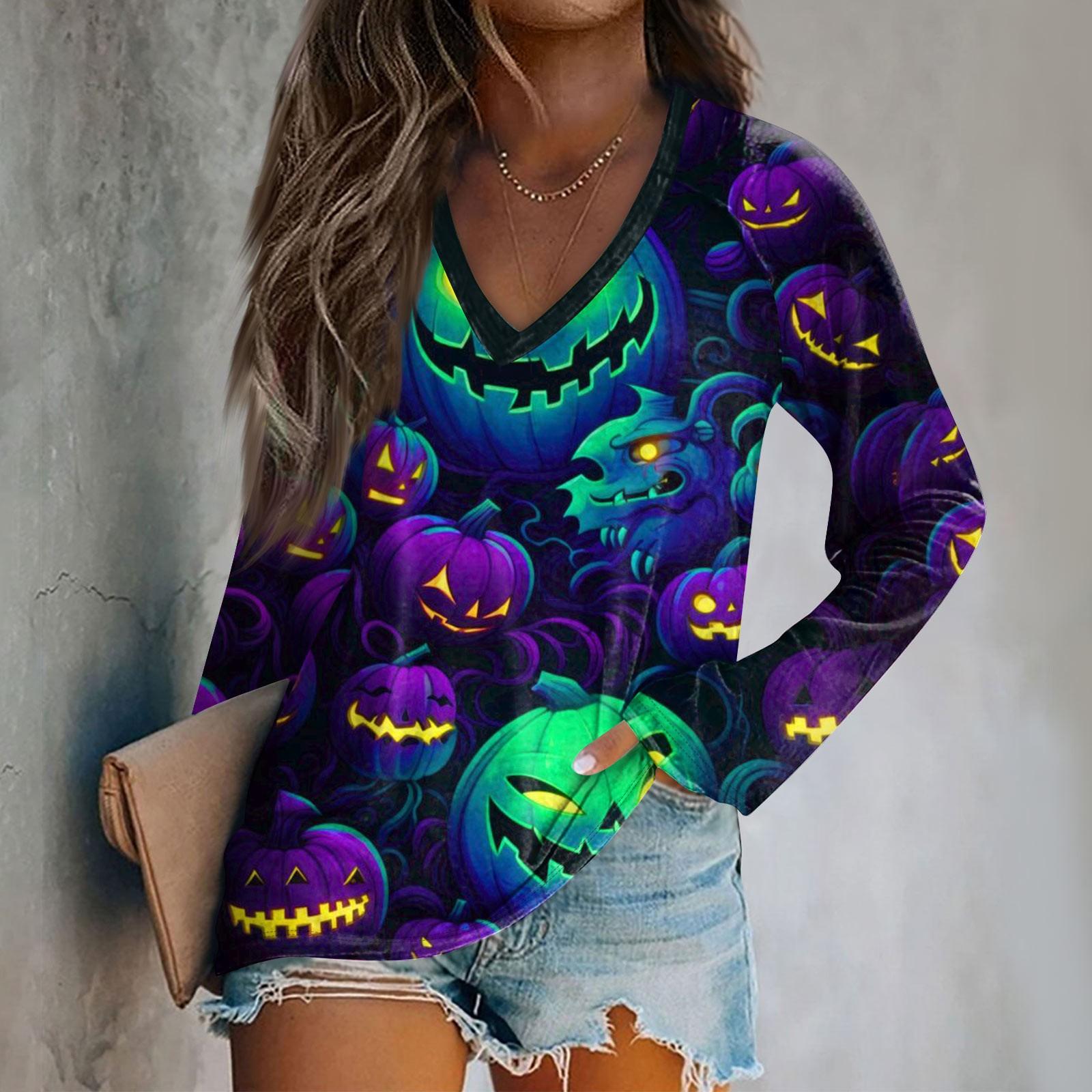 

Женская футболка с длинным рукавом и V-образным вырезом с принтом на Хэллоуин, повседневные базовые топы XXL