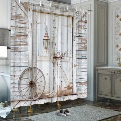 Rustic Wooden Door Shower Curtain - Western Theme, Vintage Barn Design, 70.8x70.8 Inches, Durable Polyester, Machine Washable
