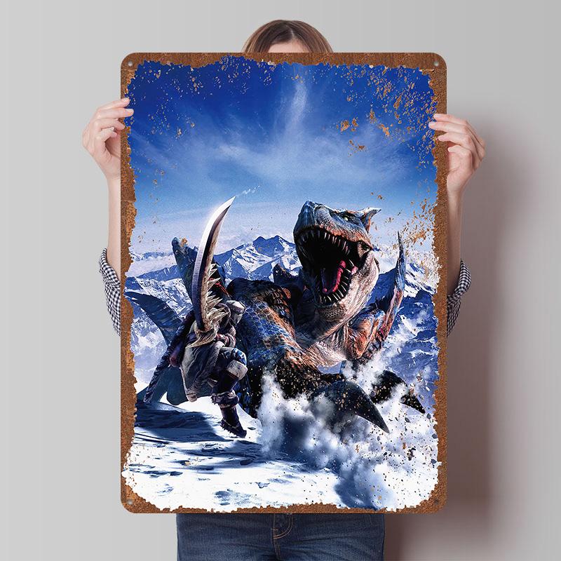 MMonster Hunter Tinplate Posters Custom Wall Art Vintage Metal Signs Retro Tin Plaque for Gaming Decoration Room Bar Accessories
