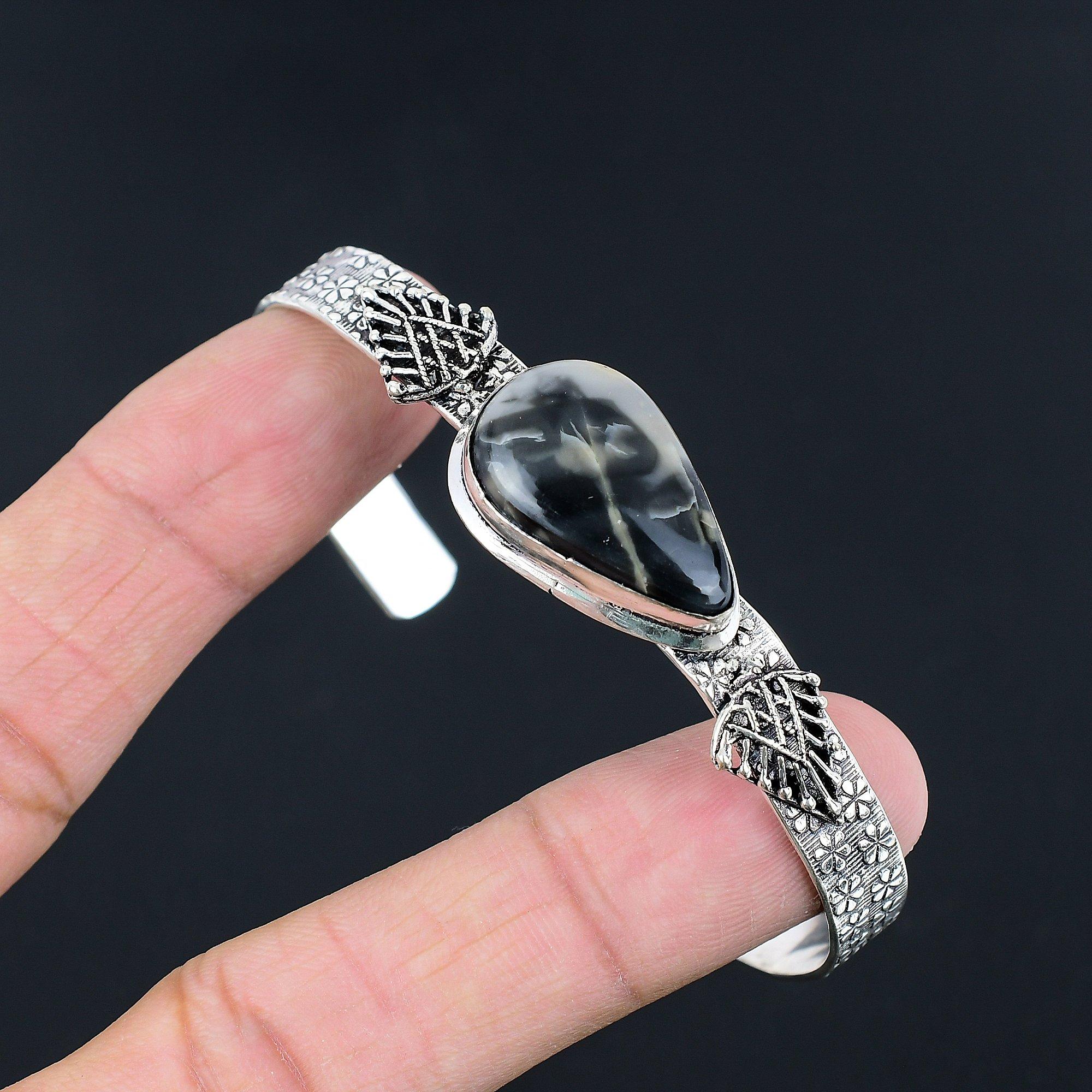 

Pear Fume Agate Gemstone Wife Artisan Trendy Bangle Bracelet 925 Sterling Silver Adjustable