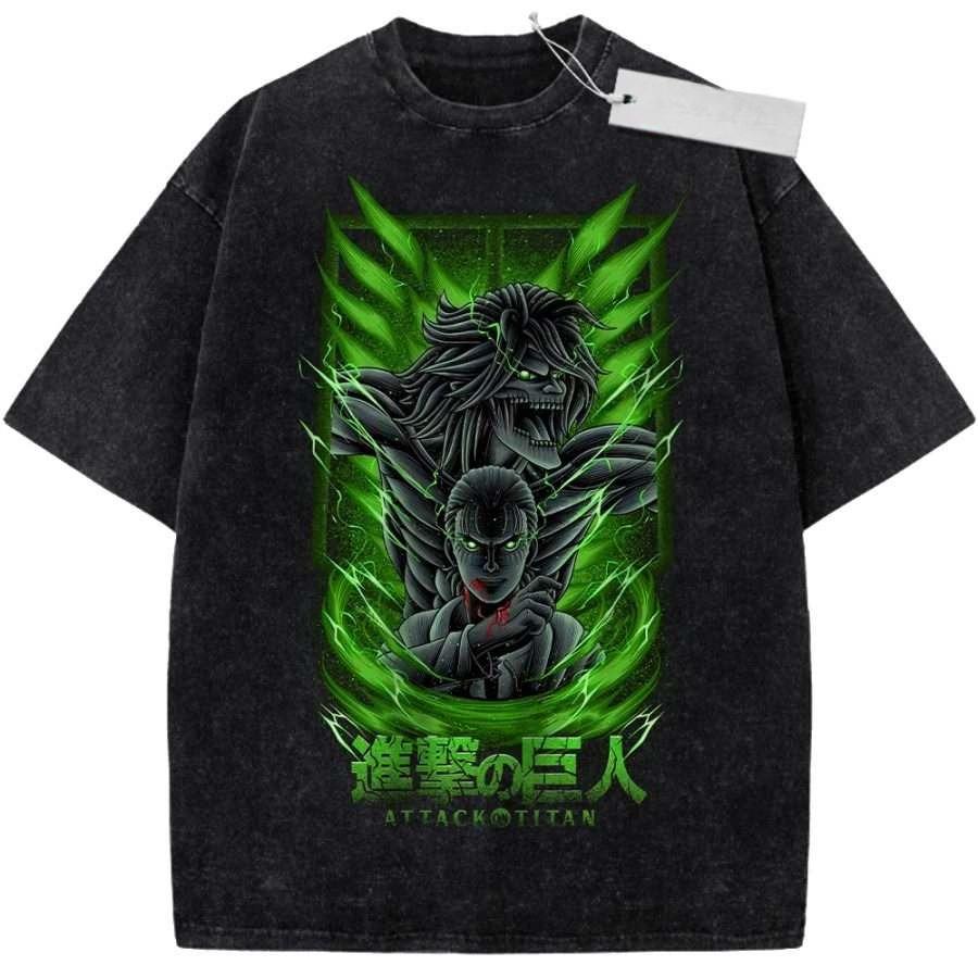 Unisex Washed Black Vintage Tshirt Attack On Titan Highquality Fabric for Home Leisure Travel Shopping