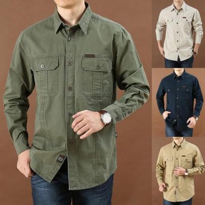 Men Shirt Solid Color Single-breasted Multi-pockets Wear-resistant Men Top for Daily Wear