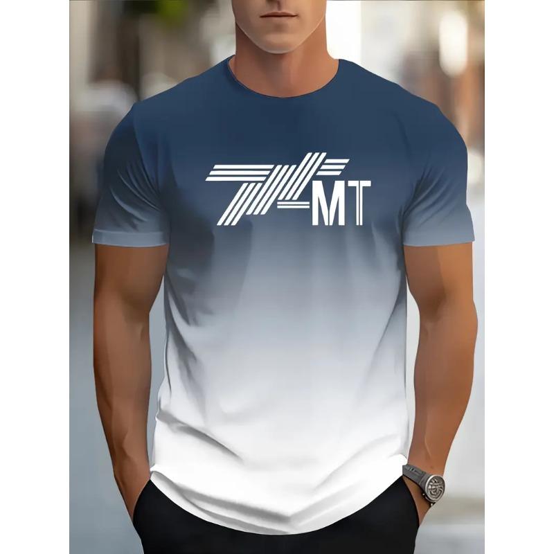 Men's 3D Gradient Solid Color Print T-shirt - Short-sleeved Breathable Polyester Round Neck Casual Streetwear Top