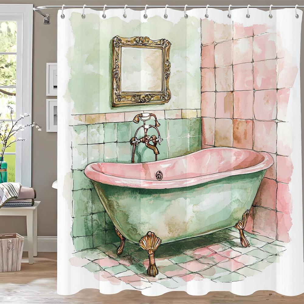 1 Stück Wasserdichter Polyester-Duschvorhang mit 12 Haken, Badevorhangstoff mit Aquarell-Fledermaus-Druck für das Badezimmer