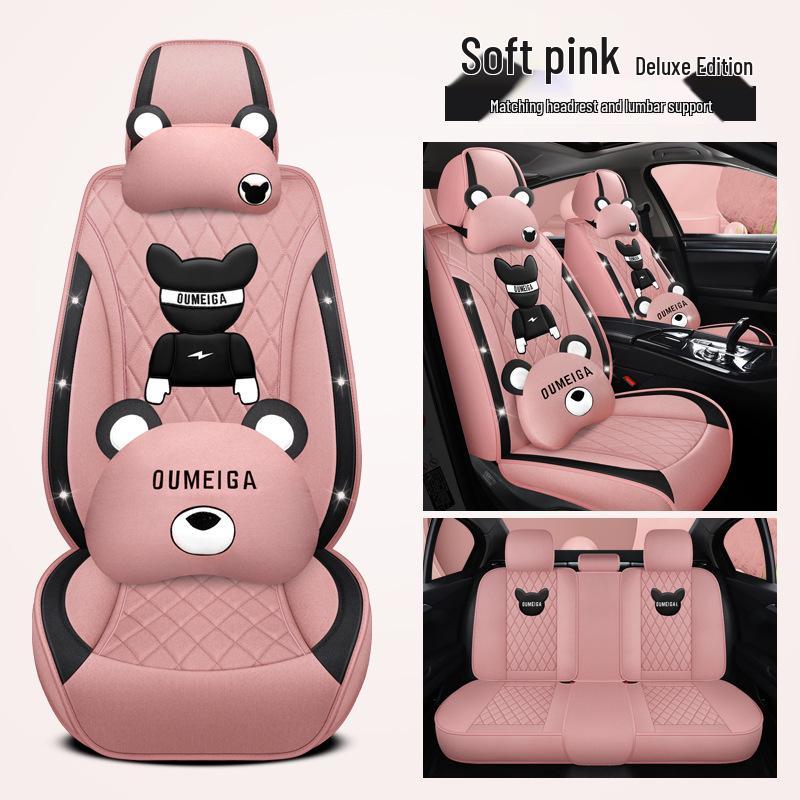 Star Chi Elantra Linen Cartoon Bear Car Seat Cushion - Four Seasons Suitable