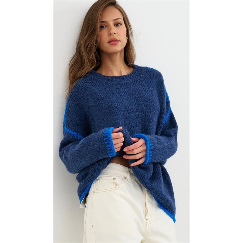 

Женский вязаный пуловер с панелями, с круглым вырезом, с длинными рукавами, свободный, женские свитера, осенне-зимняя мода, уличный стиль, женский трикотаж XL синий