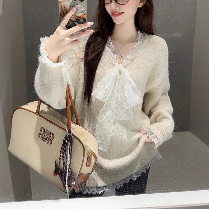 

Женский свитер крупной вязки с кружевным бантом - Ленивый стиль Осень 2025 Топ средней длины One Size абрикосовый