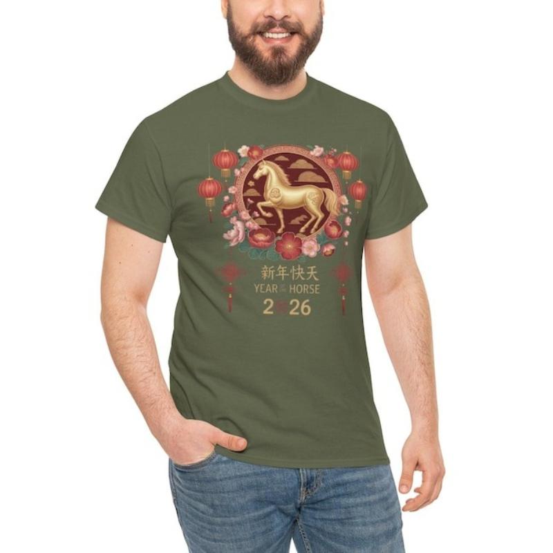 Hello 2026 New Year Chinese Unisex Shirt Happy Lunar New Year Horse Gift Crewneck Printed Tshirt Tops Regular Short Sleeve