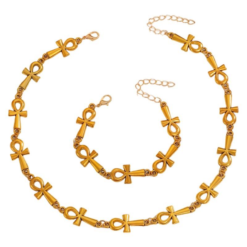 Egyptian Ankh Cross Necklace Bracelet Set Alloy Gothic Pendant Jewelry Women