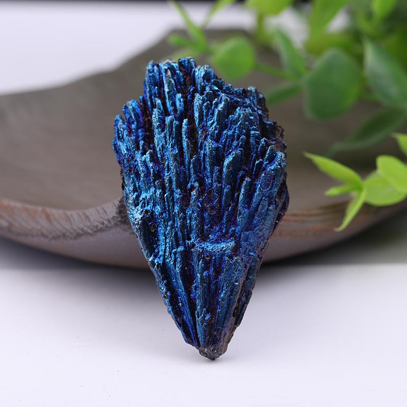 1 pcs Electroplated black tourmaline, peacock blue feathers, crystal clusters, mineral specimens, Taijing karst caves, modern decoration