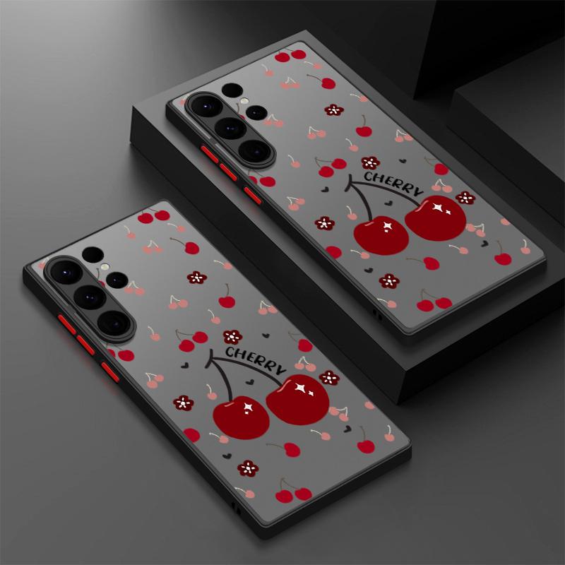 

Симпатичный матовый тонкий чехол с рисунком вишни для Samsung S25 S24 FE S23 Ultra S22 A16 A56 A55 A36 A26 A15 A35, прозрачный противоударный защитный чехол для объектива телефона Samsung A34 чёрный
