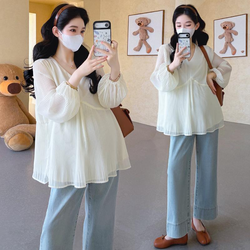 2026 Spring Elegance: Pleated Korean Style Maternity Chiffon Shirt XL