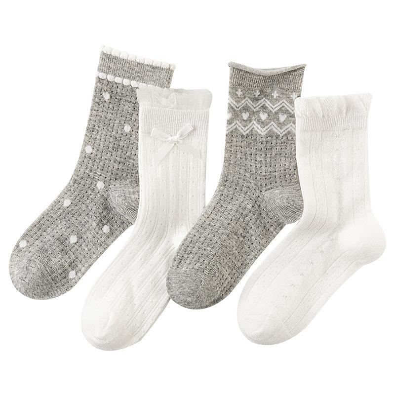 

4Pairs/set Summer Kids Socks Grey White Cute Socks Girls Thin Bow Socks Children Breathable Tube Socks XL білий/сірий