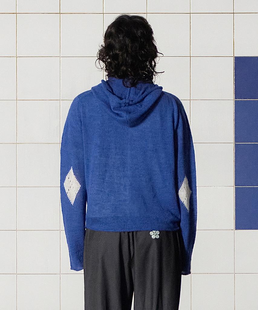 Unalloyed Argyle Elbow Knit Zip-Up Hoodie / Blue