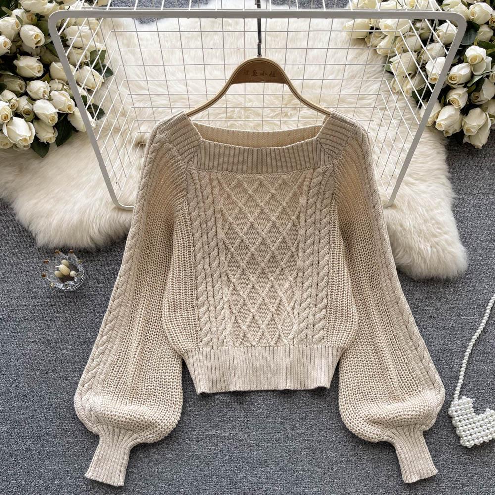 

Осенне-зимняя корейская версия тонкого вязаного свитера с квадратным воротником и ключицей с рукавами-фонариками One Size фиолетовый