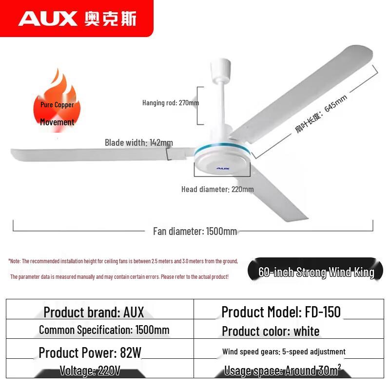 AUX 60-Inch Industrial Ceiling Fan CN plug (adapter included) белый