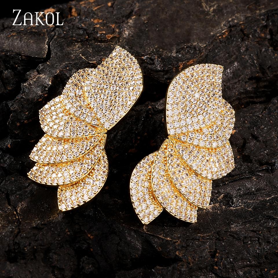 ZAKOL Luxury Elegant Folding Petal Micro-inlaid CZ Zircon Women's Stud Earrings Exquisite Versatile Banquet Jewelry Gifts