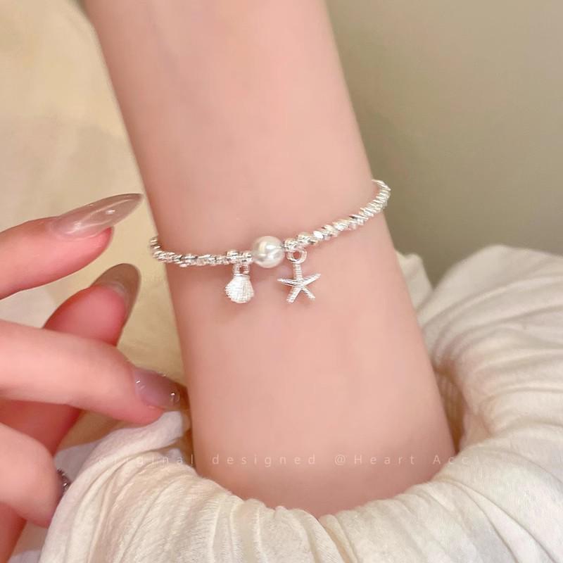 Korean Retro Pearl Titanium Steel Women's Bracelet - High-End Ins Style Beaded Bangle for Couples