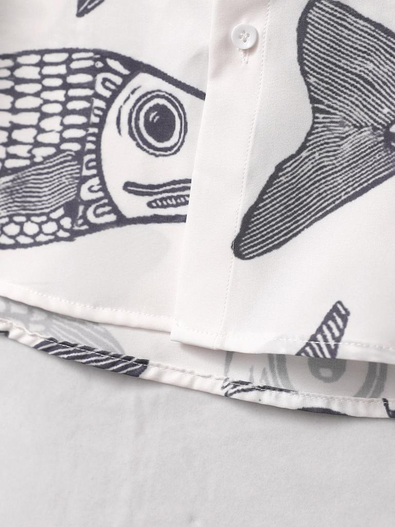 Übergroßes, lockeres Vintage-Kurzarmhemd mit Karpfen-Vollfisch-Print für Herren, lockeres Sommerhemd, trendiges Streetwear-Oberteil für Männer
