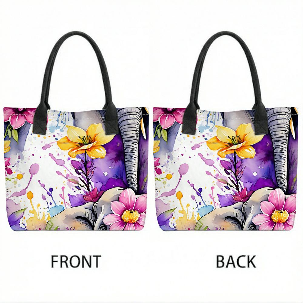 Floral Elephant Print Tote Bag Fashionable Large Capacity Casual Shoulder Bag for Daily Use