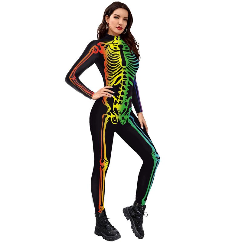 Halloween Carnival Purim Party Cosplay Women Cosplay Costumes Sexy Skinny Skeleton Printed Jumpsuit Catsuit