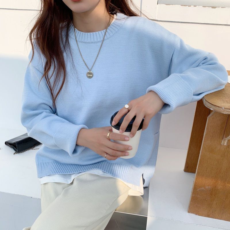 

Зимний свободный пуловер, универсальный вязаный топ для женщин L светло-синий