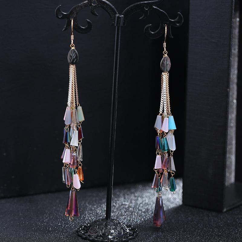 Retro trendy bohemian crystal fringed earrings 925 silver stud earrings temperament long women's personalized earrings