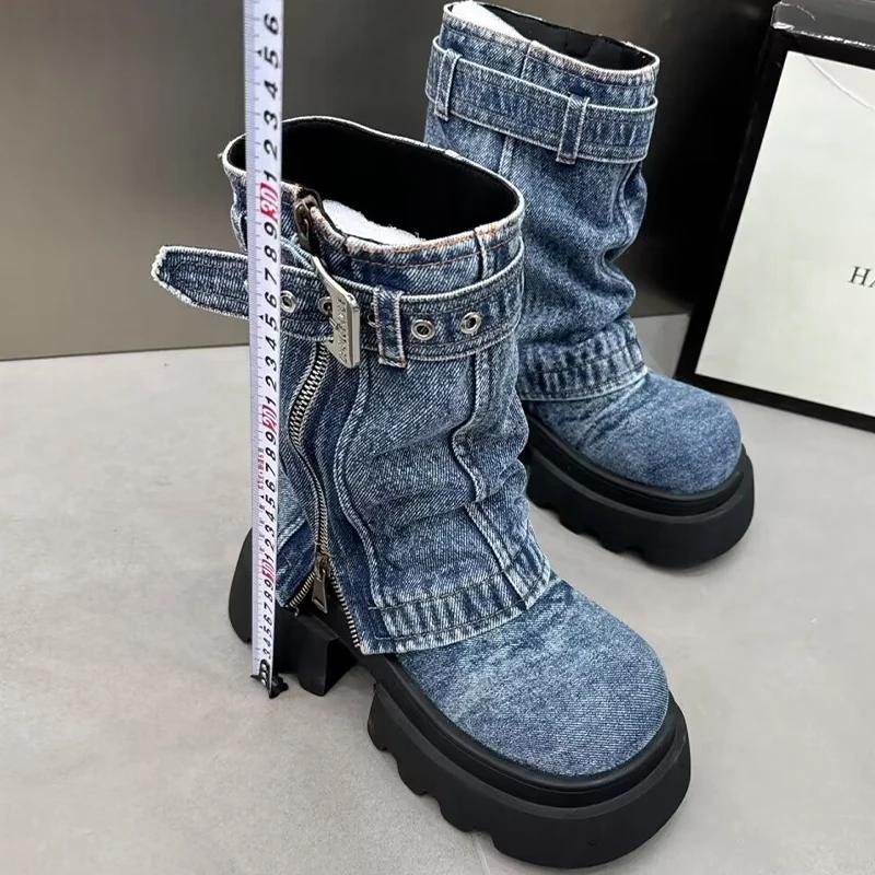 Women Cowboy Mid-calf Boots Zipper Platform Mid Heels Designer Shoes Winter New Motorcycle Boots  Fad Trend Mujer