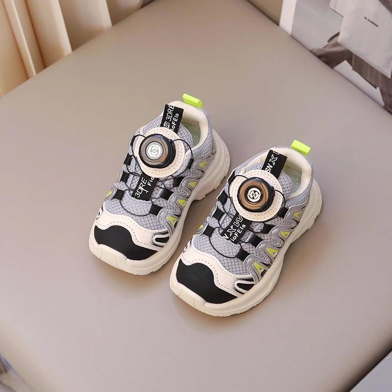 

Мальчики Девочки Спортивная обувь с вращающейся кнопкой Детские кроссовки Толстая мягкая подошва 2024 Новая мода Детская обувь для бега Нескользящая 21 серый