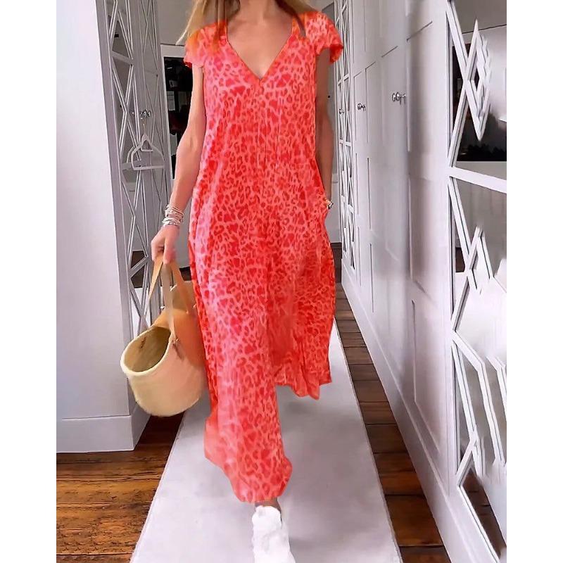 Summer V-neck fashion dress, leopard print dress loose and thin S красный