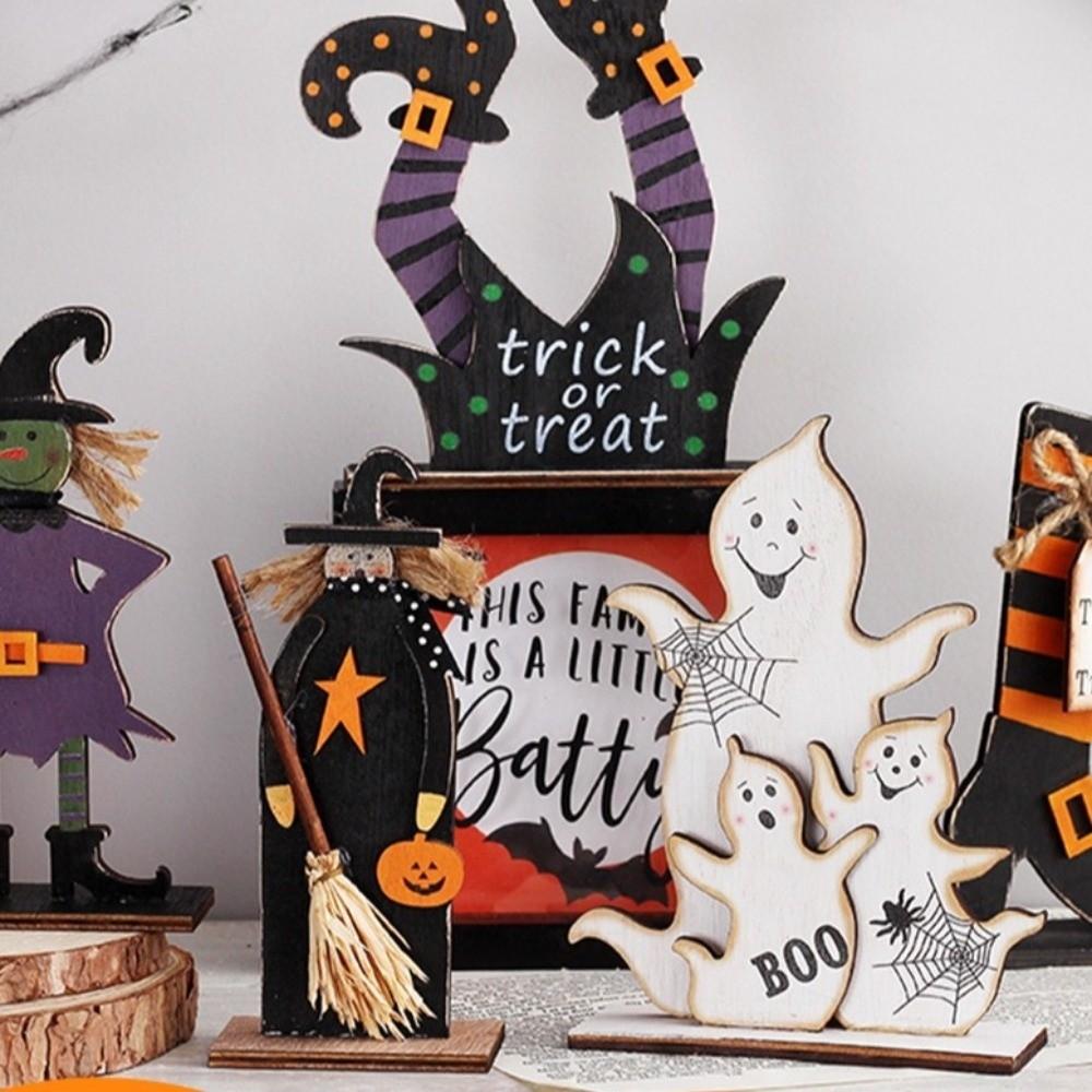 Wooden Halloween Wooden Decor Long-lasting Witch Pumpkin Ghost Bat Ornaments Handicraft Happy Halloween Table Decoration