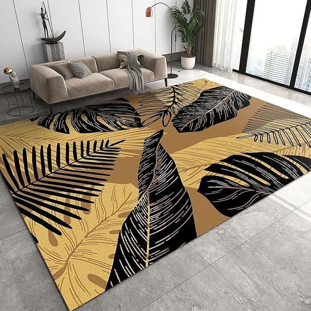 Abstrakt Schwarz Gold Pflanze Blatt Teppich Kunstdruck Design Teppiche für Schlafzimmer Nachttisch Rutschfest Zuhause Sofa Couchtisch Dekor Fußmatte