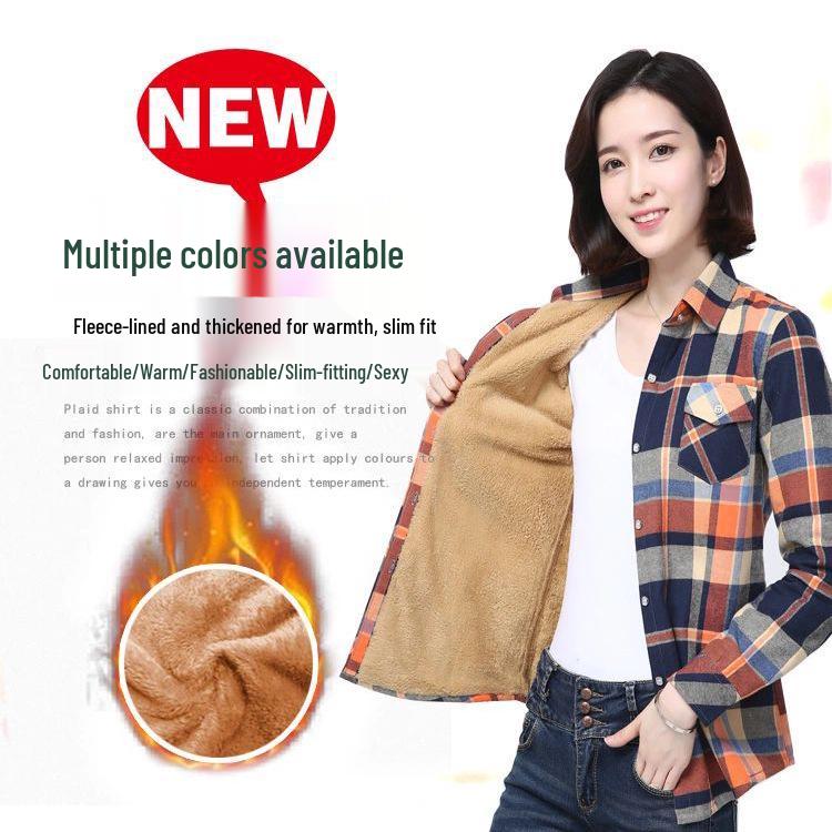 Women's 2025 Winter Slim Fit Cotton Plaid Shirt - Long Sleeve, Fleece Lined, Thick, Versatile, Plus Size