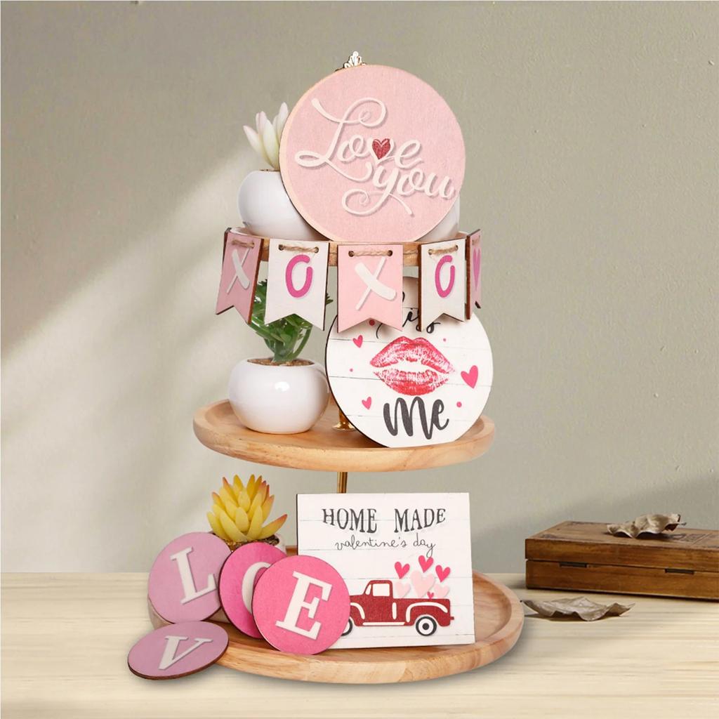 Valentine's Day Tiered Tray Decor Set Wooden Valentine Table Signs Love Heart Rustic Tiered Tray Decoration For Home Tabletop Kitchen Living Room Deco