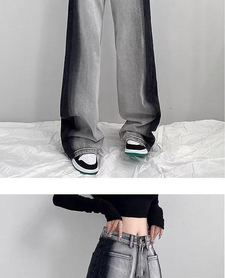 Women's High-Waist Black & Gray Wide-Leg Jeans - Personalized Summer Casual, Slimming, All-Match, Floor-Length Design.