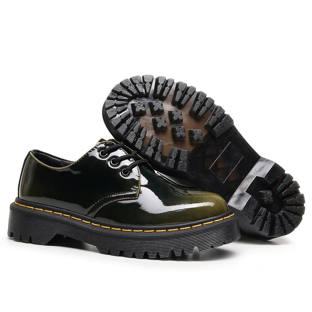 Medium and Thick Bottom Hole Small Leather Shoes Women's, Men's Low-top Leather Color-changing Green Round Head Casual Student Muffin Bottom Short