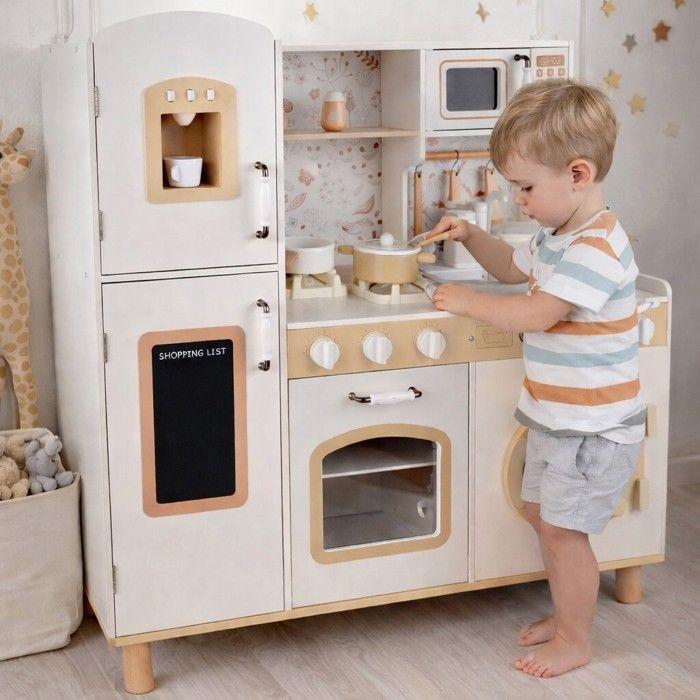 GINGER HOME Cuisine Enfant en Bois Vintage avec Plaques Électroniques, Lumières, Sons et Évier avec Eau – 91x31x90 cm