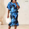 Women Plus Size Red Orange Black Printed Round Neck Batwing Sleeve Ruffle Hem Top Fishtail Skirt Two Piece Set