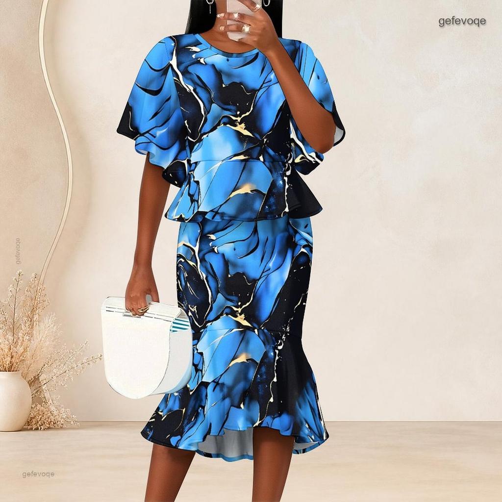 Women Plus Size Red Orange Black Printed Round Neck Batwing Sleeve Ruffle Hem Top Fishtail Skirt Two Piece Set