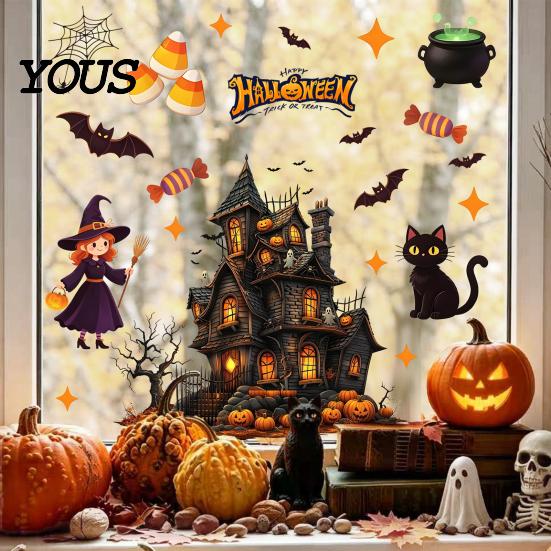 Static Cling Halloween Set Glass Sticker, Window Clings, Reusable Electrostatic Decals, Haunted Decoration House Stickers for Doors Windows,