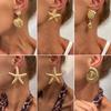 Beach Vacation Metal Pockmarked Starfish Shell Stud Earrings, Ocean Wind Conch Earrings