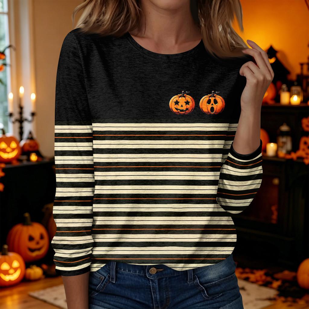 Women's Casual Long Sleeve Halloween Print Neck T-Shirt