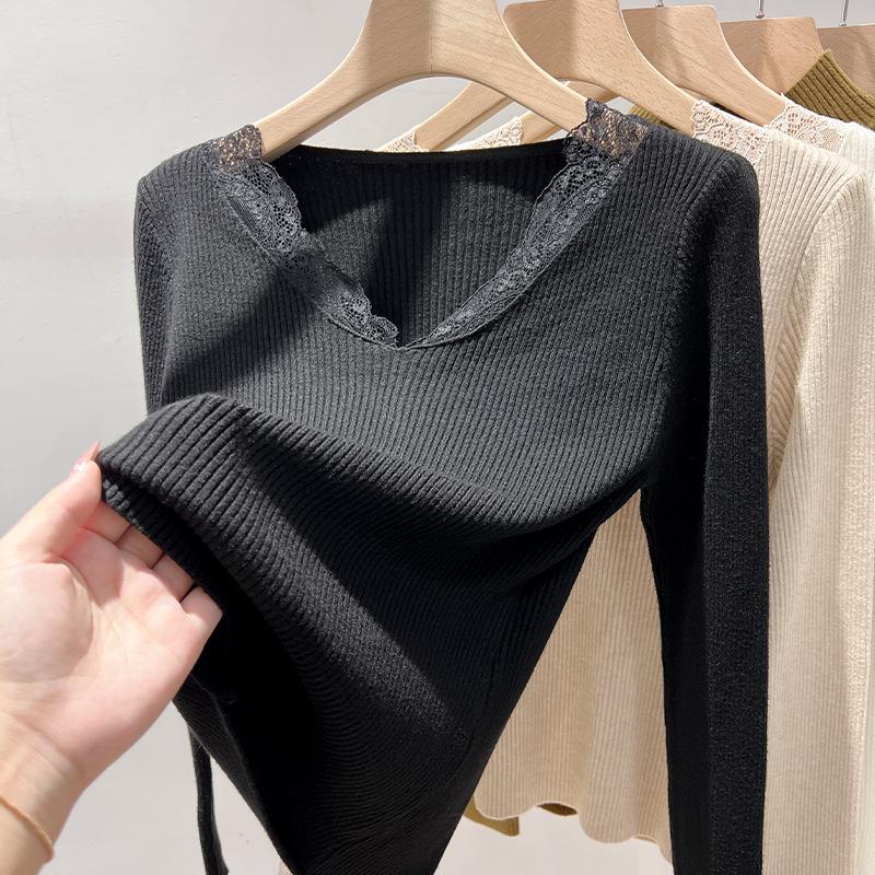 Black Spliced Knitted Sweater Women's Autumn and Winter New Women's Clothing Foreign Style Inner Design V-neck Top