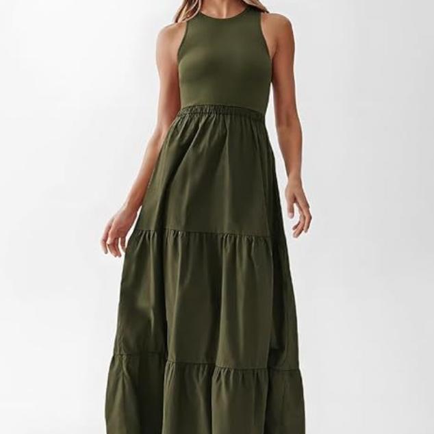 VEZFAA Women's Fashion Summer Spring Solid Color Print Sleeveless O-Neck High Waist Casual Dresses